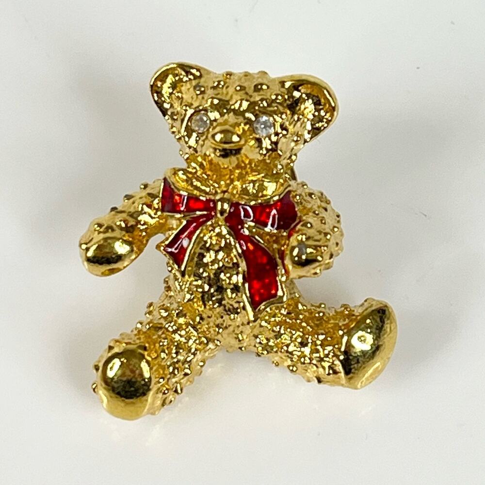 VTG Gold AVON Teddy Bear BROOCH Pin / Pendant 1" Bear Crystal Eyes Red Bow